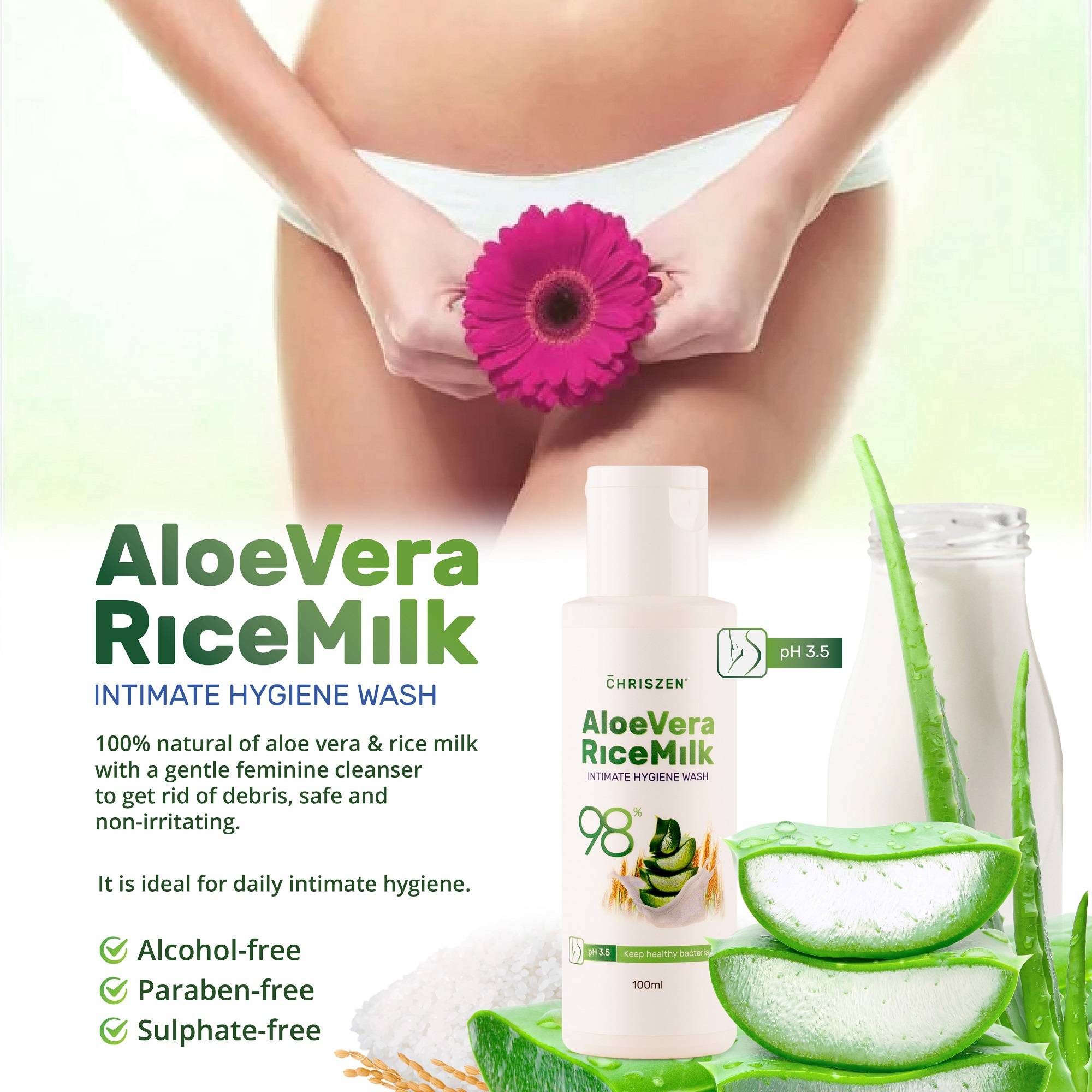 98% Aloe Vera & Rice Milk Intimate Hygiene Wash 100ml